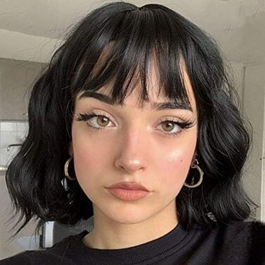 MISSQUEEN Short Wavy Black Wig with Bangs, Short Black Bob Wigs for Women, Wavy Bob Wig with Bangs Synthetic Natural Looking Heat Resistant Fiber Wigs.