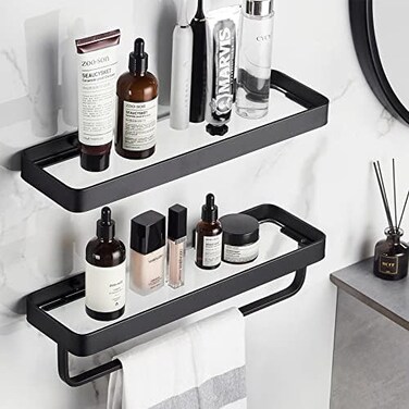 VOLPONE Wall Mounted Shelves, Floating Shelf with Towel Holder Glass Shower Shelf 2 Tier Bathroom Wall Organizer Black.