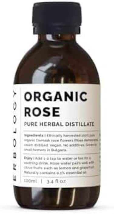 Erbology Organic Rose Water 100ml - Distilled from Damask Rose - Premium Food Grade Hydrolate of Rose - Soothes, Hydrates and Calms - Non-GMO - Recyclable Glass Bottle.