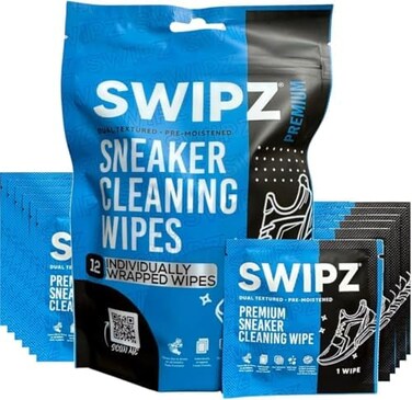 SWIPZ Premium Sneaker Cleaning Wipes (12 PackDual Textured Individually Wrapped Pre-Moistened Quick Care Wipes for Leather, Nubuck, Rubber Sneakers, Shoes and Boots, Blue/Black, 12ct Bag.