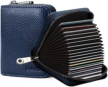 Linno RFID 20 Card Slots Credit Card Holder Genuine Leather Small Card Case for Women or Men Accordion Wallet with Zipper.
