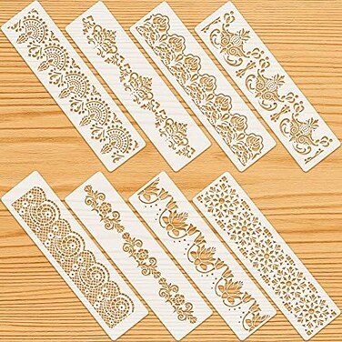 Zonon 8 Pieces Ornate Border Stencil Flower Stencil Template Cake Decorating Templates Reusable DIY Art and Craft Stencil Floral Edge Baking Tool for Painting on Wood, Canvas, Paper, Fabric.