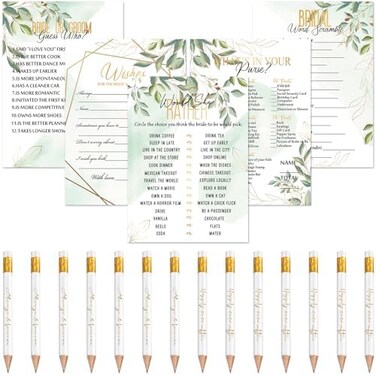 Maxdot 220 Pieces Bridal Shower Game Set 5 Sets (40 Cards EachWedding Game Cards and 20 Pieces Pencils Printed Words Editable Bride Groom Wedding Bachelorette Engagement Party Supplies (Green Leaves.