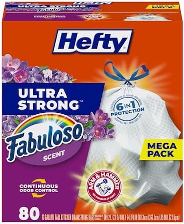 Hefty Ultra Strong 13 Gallon Trash Bags, Tall Kitchen Trash Bags 13 Gallon Size, Resist Leaks, Punctures, and Rips, Continuous Odor Control, White, Fabuloso Scent, 80 Bags.