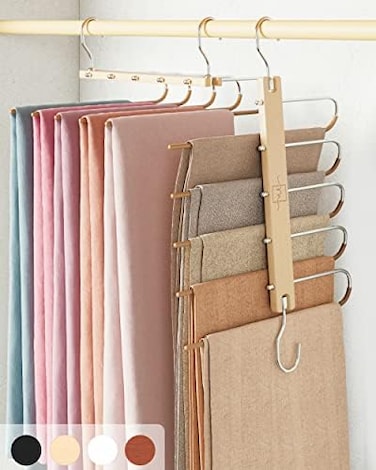 MORALVE Trousers Hangers Space Saving - 2 Pack European Beechwood Scarf and Jeans Hangers - Wardrobe Organiser and Space Saver Trouser Rack, Leggings Hanger, and Scarf Holder with 360 Swivel Hook.