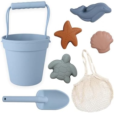 BLUE GINKGO Modern Baby Sand ToysTravel FriendlySilicone Bucket, Shovel, 4 Molds, Beach Bag for Toddlers, Kids - Blue.