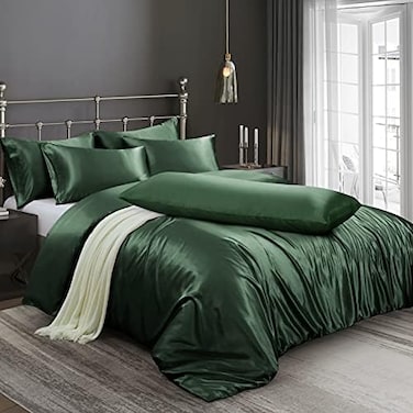 Ersmak 6 Pieces Satin Duvet Cover Full/Queen Size Luxury Silky Bedding Duvet Cover Set with 1 Soft Duvet Cover, 4 Queen Pillowcases and 1 Body Pillowcase, Emerald Green.