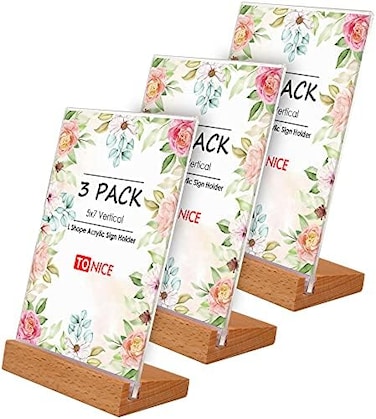 TONICE 3 Pack 5x7 Acrylic Sign Holder Slant Back Design L Shape Clear Acrylic Frames Wood Base, Table Menu Display Stand Flyer Display for Desk Display (Optional 8. 5x11/5x7 Inch L/T Shape.