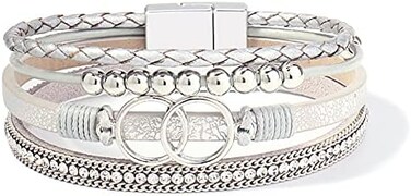 FANCY SHINY Boho Wrap Bracelets Leather Cuff Bangle Gold Beaded Bracelets for Women Stackable Infinity Bracelets Jewelry with Magnetic Clasp.