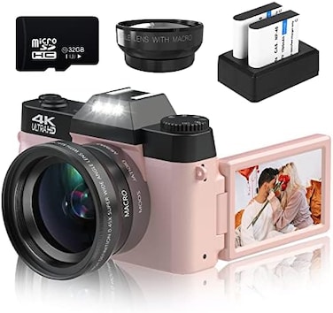 كاميرات VETEK الرقمية للتصوير الفوتوغرافي، كاميرا مدونات فيديو بدقة 4K 48 ميجابكسل، تكبير رقمي 16X، تركيز يدوي، كاميرا مدمجة للطلاب مع عدسة واسعة الزاوية 52 مم، عدسة ماكرو، بطاقة ذاكرة مايكرو 32 جيجاب