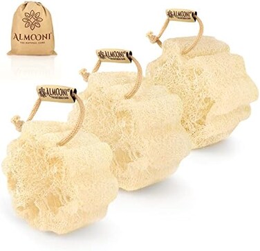 Almooni Mini Natural Loofah Sponge - Egyptian Shower Exfoliating Scrubber - Small for Perfect Grip - 3 Count (1 Pack.