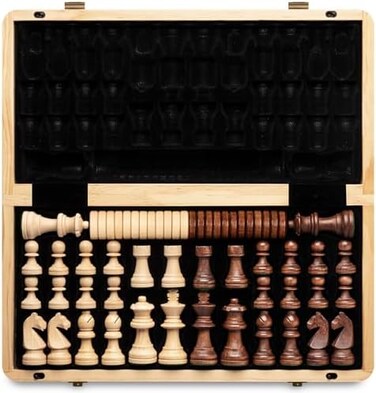 A&amp;A AA 15" Magnetic Wooden ChessCheckers Set/Folding Board / 3" King Height German Knight Staunton Chess Pieces/WalnutMaple Inlaid /2 Extra Queen.