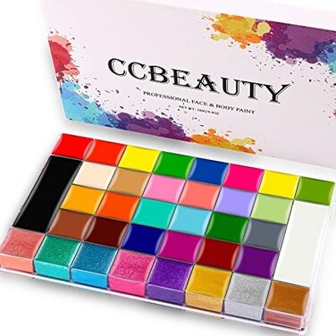 CCbeauty Professional 36 Colors Face Body Paint kit Oil Based (8 Pearl6 GlowNon-Toxic Hypoallergenic Halloween SFX Special Effects Costume Cosplay Makeup Large Black White Painting Palette Set.