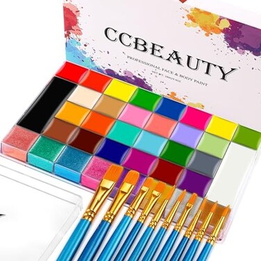 CCbeauty Professional 36 Colors Face Body Paint Kit, Largest Oil Based Hypoallergenic Neon Face Painting Palette Set with 10 Brushes for Halloween SFX Special Effects Cosplay Costume Makeup.