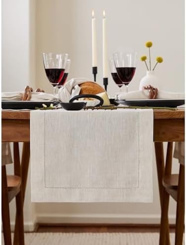 Solino Home Table Runner 90 Inches Long - 100% Pure Linen Light Natural Table Runner 14 x 90 Inch for Spring, Mothers Day, Summer - Classic Hemstitch.