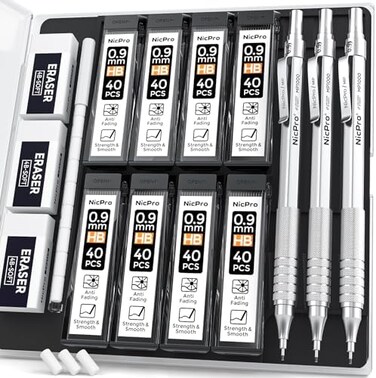 Nicpro Metal 0. 9 mm Mechanical Pencils Set with Case, with 3PCS 0. 9mm Drafting Pencil, 8 Tubes HB Lead Refills, 3PCS Erasers, Erasers Refills for Adults, Children, Artist Writing, Drawing, Sketching