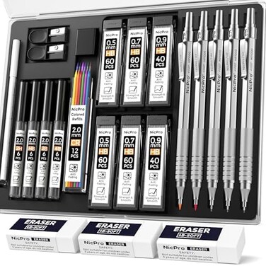 Nicpro 22PCS Metal Mechanical Pencils Set in Case, Art Drafting Pencil 0. 5, 0. 7, 0. 9 mm2 PCS 2mm Graphite Lead Holder(4B 2B HB 2Hfor Drawing Writing Sketching With 10 Tube Lead Refills Erasers.