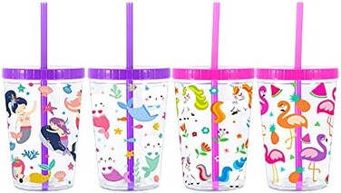أكواب شرب الماء للأطفال من هوم تييون سعة 16 أونصة، عبوة من 4 قطع - خالية من مادة BPA، كوب بغطاء ماصة، قابلة لإعادة الاستخدام، خفيفة الوزن، زجاجة ماء مانعة للانسكاب بتصميم لطيف للبنات والأولاد - فلامنج
