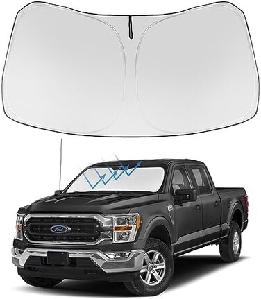 واقي الشمس الأمامي القابل للطي من Proadsy، مصمم خصيصًا لسيارات فورد F-150 موديلات 2024 و2023 و2022 و2021، بما في ذلك F150 Lariat وKing Ranch وPlatinum وXL وXLT وLimited وRaptor، بالإضافة إلى ملحقات تر