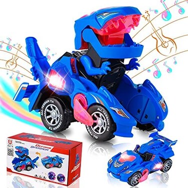 Hirger Transforming Dinosaur Car Toys, Transforming Dinosaur LED Car with Light and Music, 2 in 1 Automatic Dinosaur Transform Car Toy, Dinosaur Transformer Toy for Kids (Blue.