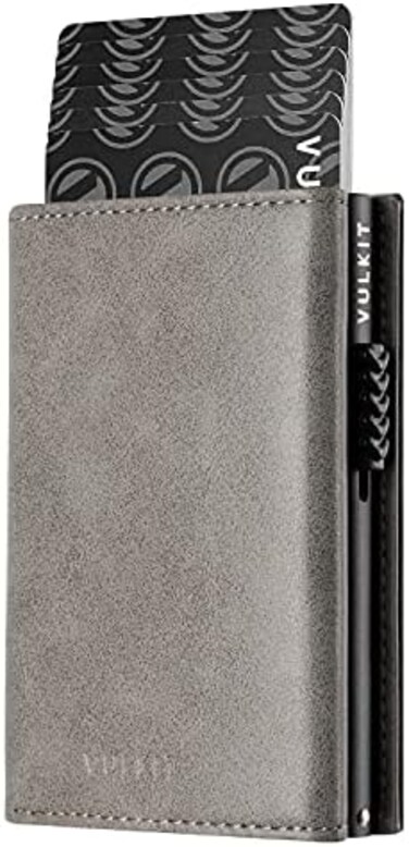 VULKIT Credit Card Holder RFID Blocking Genuine Leather Pop Up Card Wallet with Banknote Compartment, ID Window, Coin Pocket and Magnetic Closure.