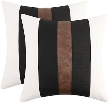 JASEN Set of 2 Faux Leather and Linen Throw Pillow Covers 18x18 Inch Black and White Modern Farmhouse Decorative Accent Cushion Covers for Couch Sofa.