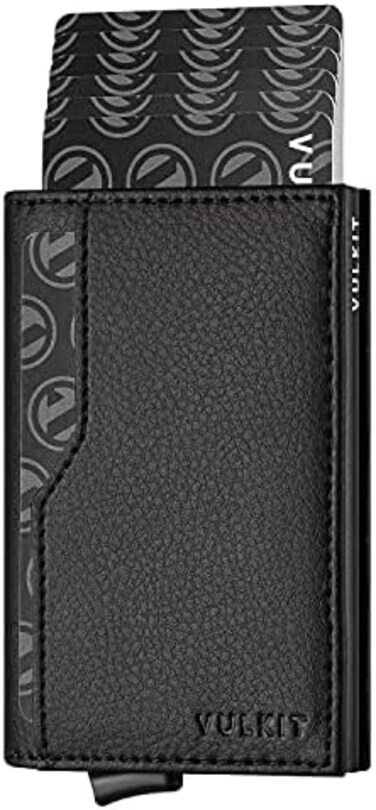 VULKIT Credit Card Holder with Double ID Window Leather Passcase Wallet RFID Blocking Automatic Pop Up Card Wallet for CardsNotes.