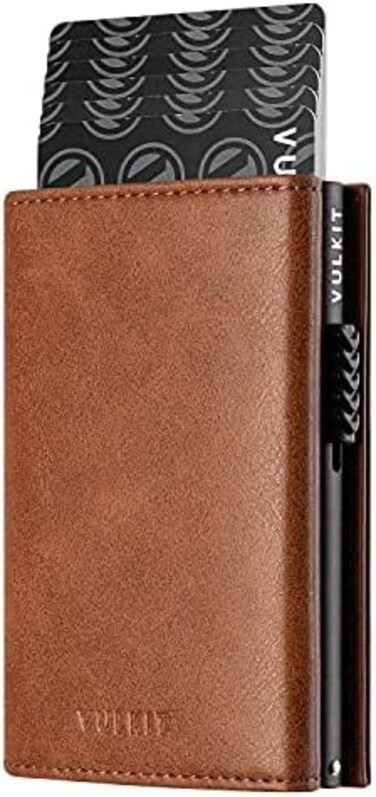 VULKIT Credit Card Holder RFID Blocking Genuine Leather Pop Up Card Wallet with Banknote Compartment, ID Window, Coin Pocket and Magnetic Closure.