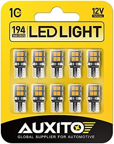 مصباح AUXITO 194 LED أصفر كهرماني 168 2825 W5W T10 إسفين 14-SMD مصابيح بديلة LED لمصابيح قبة السيارة ومصابيح الخريطة ومصابيح باب السيارة ومصابيح لوحة الترخيص، عبوة من 10 مصابيح.