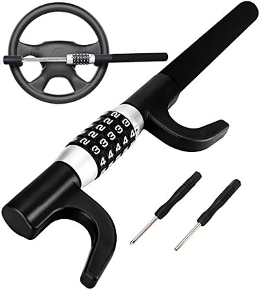 Tevlaphee Steering Wheel Lock, Car Lock Anti Theft Keyless Extendable Retractable Password 5 Coded Combination Lock, Heavy Duty Universal Fit (Black.