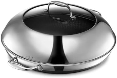 HexClad 35 cm Frying Pan and Lid with Stay-Cool Handles, Hybrid Stainless Steel PFOA-Free Non-Stick Surface, Works with Induction, Ceramic, Electric, and Gas Cooktops.