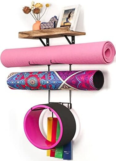 Bikoney Yoga Mat Holder Wall Mount Yoga Mat Storage Home Gym Accessories with Wood Floating Shelves and 4 Hooks for Hanging Foam Roller and Resistance Bands at Fitness Class or Home Gym Carbonized Bla
