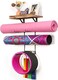 Bikoney Yoga Mat Holder Wall Mount Yoga Mat Storage Home Gym Accessories with Wood Floating Shelves and 4 Hooks for Hanging Foam Roller and Resistance Bands at Fitness Class or Home Gym Carbonized Bla