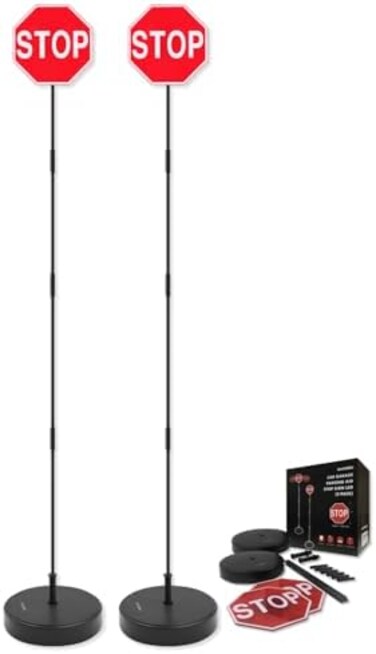 SECURITYMAN LED Stop Sign for Garage Parking Assist (2 Pack- Stress Free - Large 7" Sign, Bright Red LEDs, Adjustable Height (Up to 54"- Garage Car Stop Indicator That Lights Up with Contact.