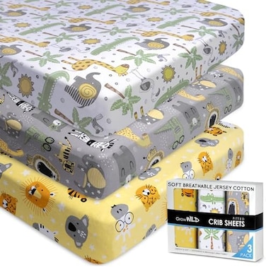GROW WILD Crib Sheets for BoysBaby Crib Sheets (3 Pack, Safari Crib Mattress Sheet or Toddler Bed Sheet, Elephant Baby Sheet.