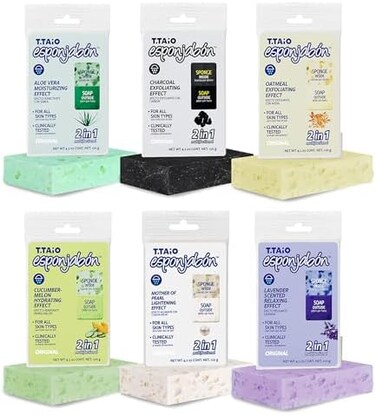 T.TAIO T. Taio Esponjabon Soap Sponge Variety Pack- Shower ScrubberBath Wash Scrub - Massage Face - Bathroom Accessories - Mother of Pearl, Aloe Vera, Lavender, Charcoal, Cucumber-Melon, Oatmeal (6-Pa