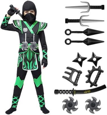 Spooktacular Creations Green Ninja Costume for Boys Ninja Themed Parties, Halloween Costume Dress Up, Ninja Role Playing, Xmas Party.