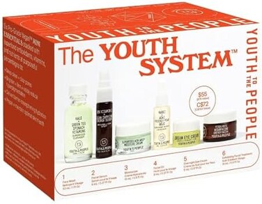 Youth To The People The Youth System - 6 Piece Set with Superfood Cleanser, Face Oil, Moisturizer, Vitamin C Serum, Eye Cream, Energy Facial - Vegan, Clean Skincare Kit.