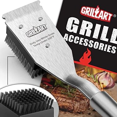 فرشاة ومكشطة الشواء من GRILLART، فرشاة تنظيف الشواء 16.5 بوصة للشوايات الخارجية، منظف آمن بشعيرات سلكية - هدية مثالية للرجال/الآباء.
