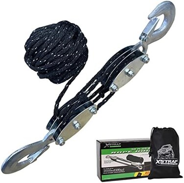 XSTRAP STANDARD رافعة حبل عاكسة شديدة التحمل بقوة كسر 2000 رطل وطول 50 قدمًا، ونظام بكرة وكتلة حمل عمل 1000 رطل لرفع الأشياء الثقيلة (أسود مع شرائط عاكسة).