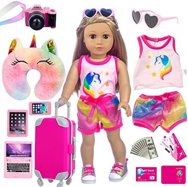 XFEYUE 23 Pcs American 18 inch Doll Clothes and Accessories - Suitcase Luggage , Pillow, Sunglasses, Camera, Passport, Mobile Phone , Computer Doll Travel Gear Play Set (No Doll.