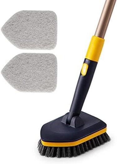 Yocada Tub Tile Scrubber Brush 2 in 1 Cleaning Brush 58. 2" Adjustable Telescopic Pole Stiff Bristles Scouring Pads for Cleaning Bathroom Kitchen Toilet Wall Tub Tile Sink Non-Scratch.