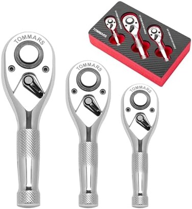 TOMMARS Stubby Ratchet Set, 1/4", 3/8", 1/2" Drive Ratchet Handle Wrench 72-Tooth Quick-Release Reversible.