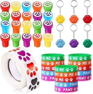 Skylety 58 Pcs Dog Paw Print Party Favors Set, Paw Print Stamps Rubber Silicone Bracelets Sticker Keychain, Puppy Birthday Party Favors Patrol Supplies, Gift Bag Stuffer (Multi Colors.
