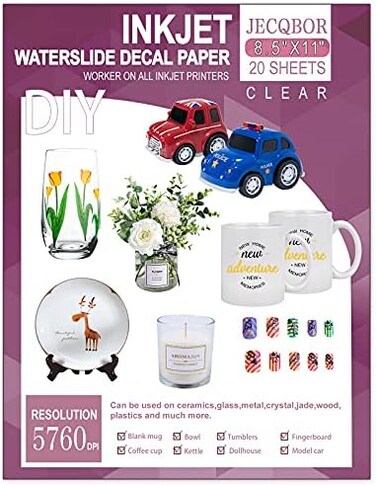Jecqbor 20 Sheets Waterslide Decal Paper INKJET CLEAR,8. 5X11 Inch Water Slide Transfer Paper Transparent Printable for Tumblers,Ceramics,Plastics,Glasses,DIY.
