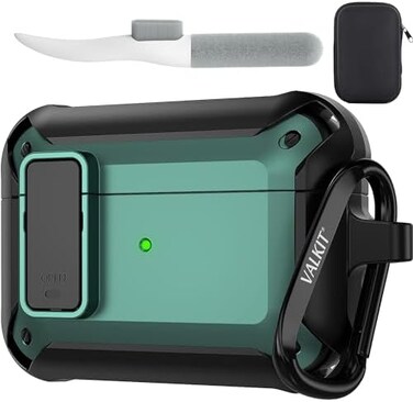 Valkit for Airpods Pro Case Cover with Lock, Military Armor Series Full-Body AirPod Pro Case with Keychain Cool Air Pod Pro Shockproof Protective Case for AirPods Pro 2019, Black/Green.