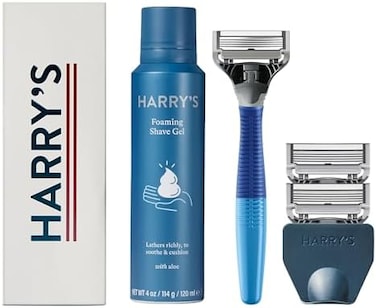 Harry's Shaving Kit for Men - Razor Handle, 3 Razor Blade Refills, Foaming Shave Gel, and Travel Blade Cover - Ocean Blue.