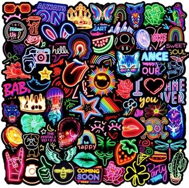 PRETTY SUNSHINE 100Pcs Neon Stickers Decal, Waterproof Vinyl Stickers Pack for Bumper, Laptop, Skateboard, Water Bottle, Luggage, Phone, Graffiti Stickers for Adults.