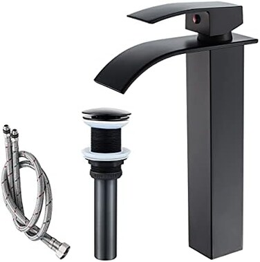 VOTON Vessel Sink Faucet Matte Black Modern Tall Waterfall Bathroom Sink Faucet with Pop-Up Drain Single Handle Bathroom Faucet 1 Hole Bowl Lavatory Vanity Faucet, Rv Sink Camper Farmhouse Faucet.