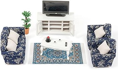 SAMCAMI Miniature Dollhouse Furniture 1 12 Scale - Wooden Dollhouse Furniture Set for Dollhouse Living Room - Doll House Furniture Incl Sofa, TV Cabinet, Coffee Table and Other Accessories (Blue.